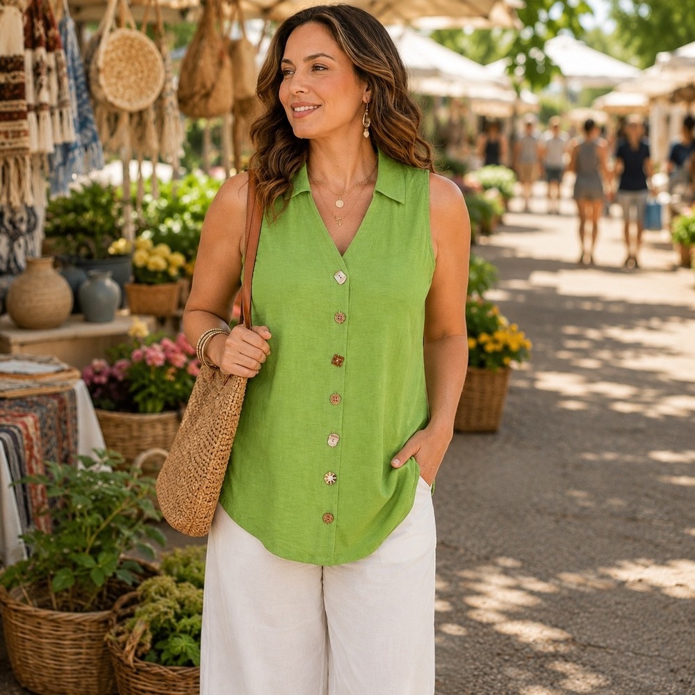 Soft Surroundings Danielle Tunic 1X Green Cotton Slub Button Sleeveless Tank Top